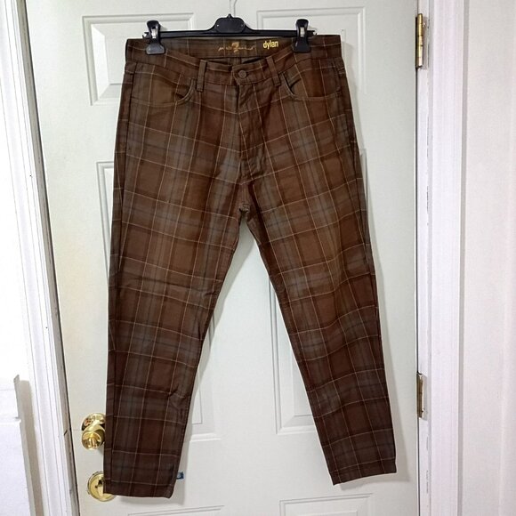 7 For All Mankind Dylan Plaid Mens Pants Brown Checkered 100% Cotton Trousers 34 - Picture 1 of 9